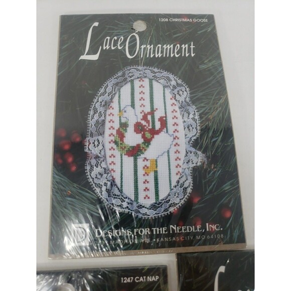 Lace Ornament Kits VTG 1992 Designs For The Needle Goose Cat Nap Santa NOS - Picture 4 of 16